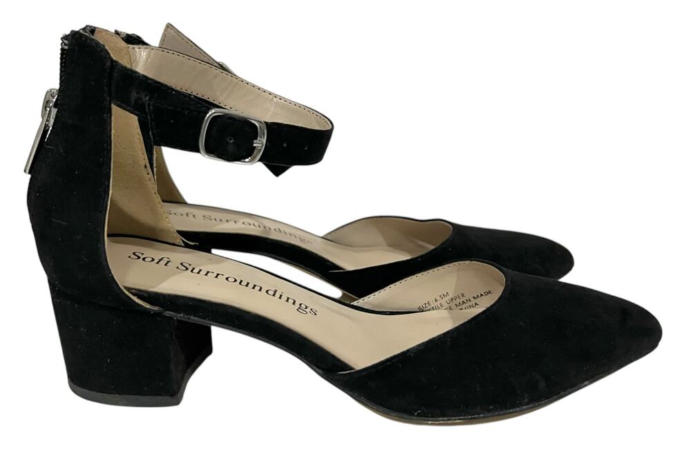 SOFT SURROUNDINGS BLACK HEELS 6.5 FAUX SUEDE ANKLE STRAP BUCKLE ZIPPER HIDALGO